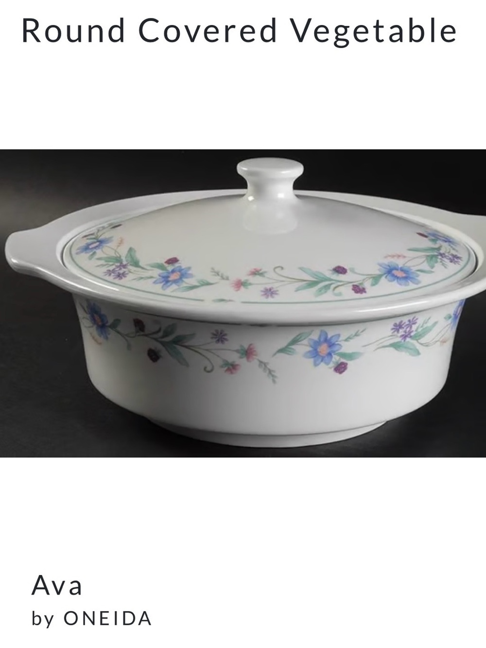 Oneida Ava White Floral Ceramic Round Covered Vegetable Dish Casserole